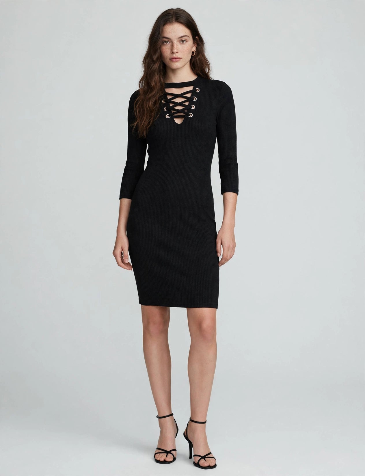 Fitted Lace Up Front V-Neck Long Sleeve Knit Sweater Dress Top