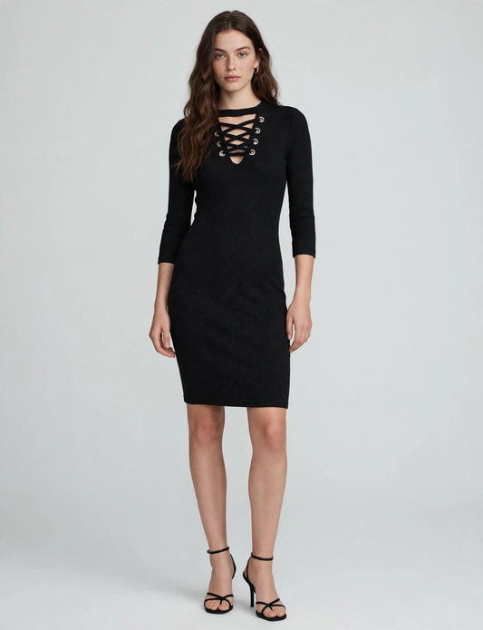 Fitted Lace Up Front V-Neck Long Sleeve Knit Sweater Dress Top