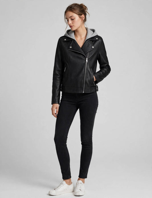 Fitted Mixed Media Faux Leather Zip-Up Moto Jackets Hoodie