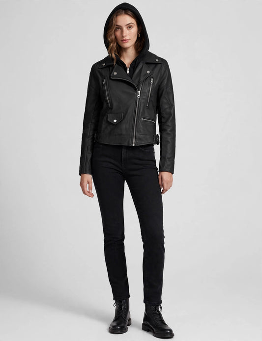 Fitted Mixed Media Faux Leather Zip-Up Moto Jackets Hoodie