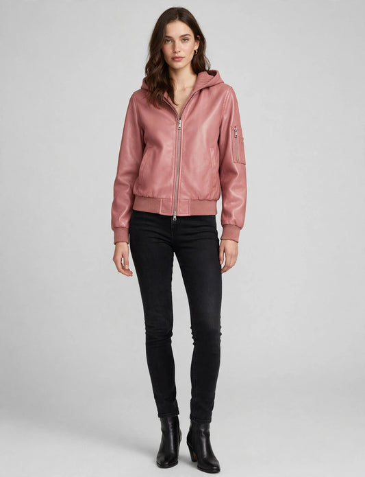 Fitted Mixed Media Faux Leather Zip-Up Moto Jackets Hoodie
