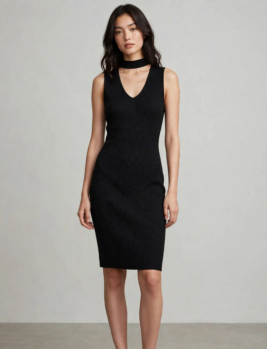 Fitted Sleeveless Double V-Neck Choker Sweater Dress