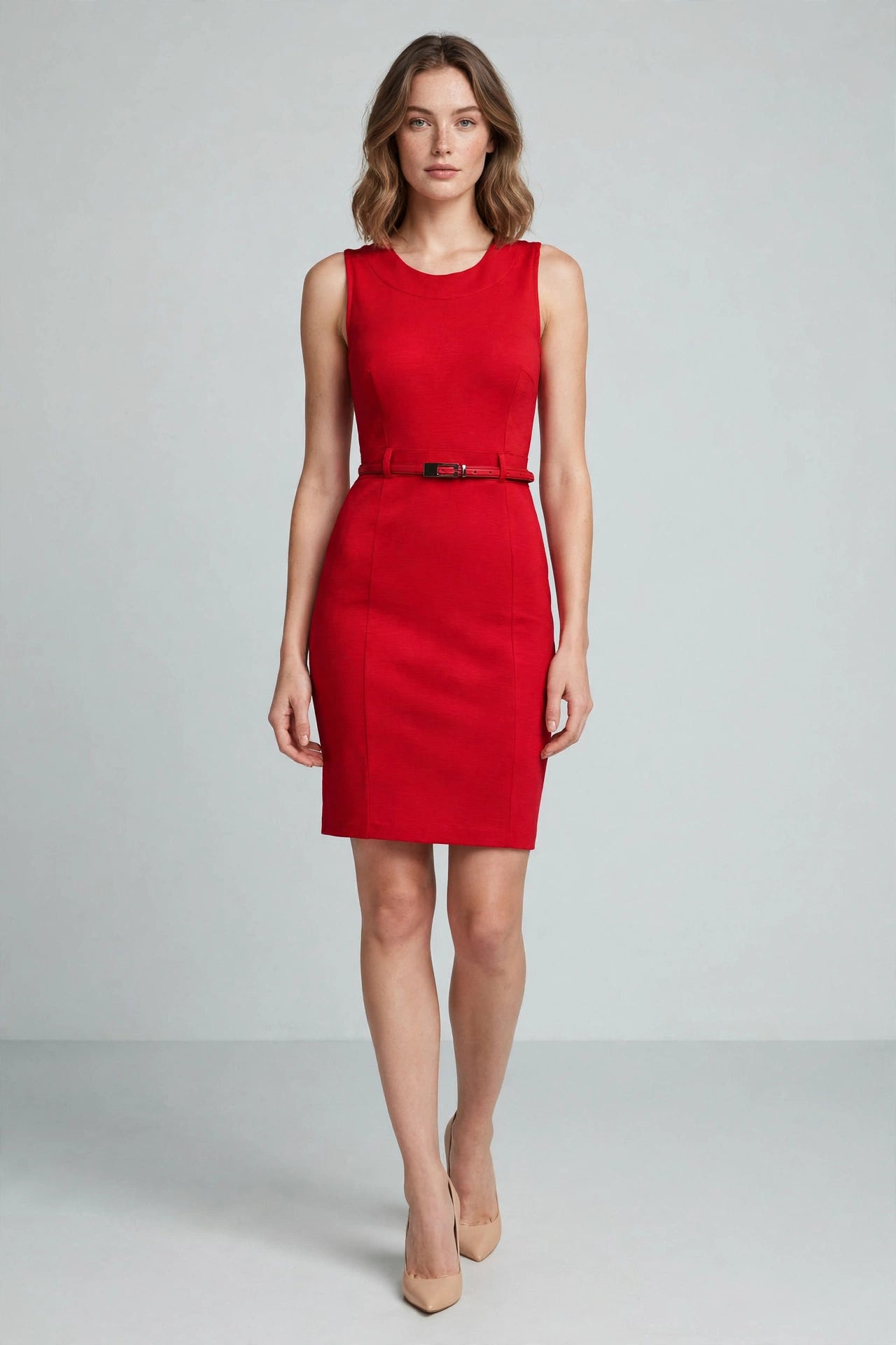 High Quality Sleeveless Fitted Office Pencil Dress With Belt Detail