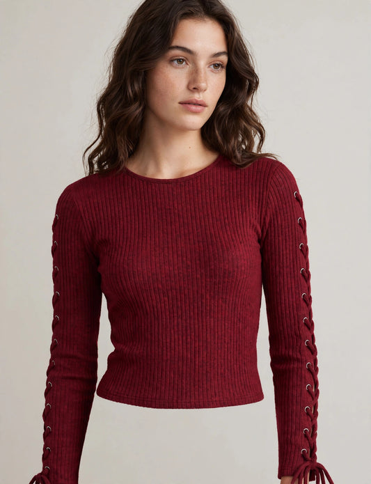 Lace Up Ribbed Long Sleeve Hollow Out Sweater Knit T-Shirts