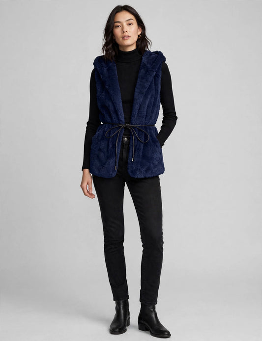 Light Weight Faux Fur Hoodie Vest With Belt