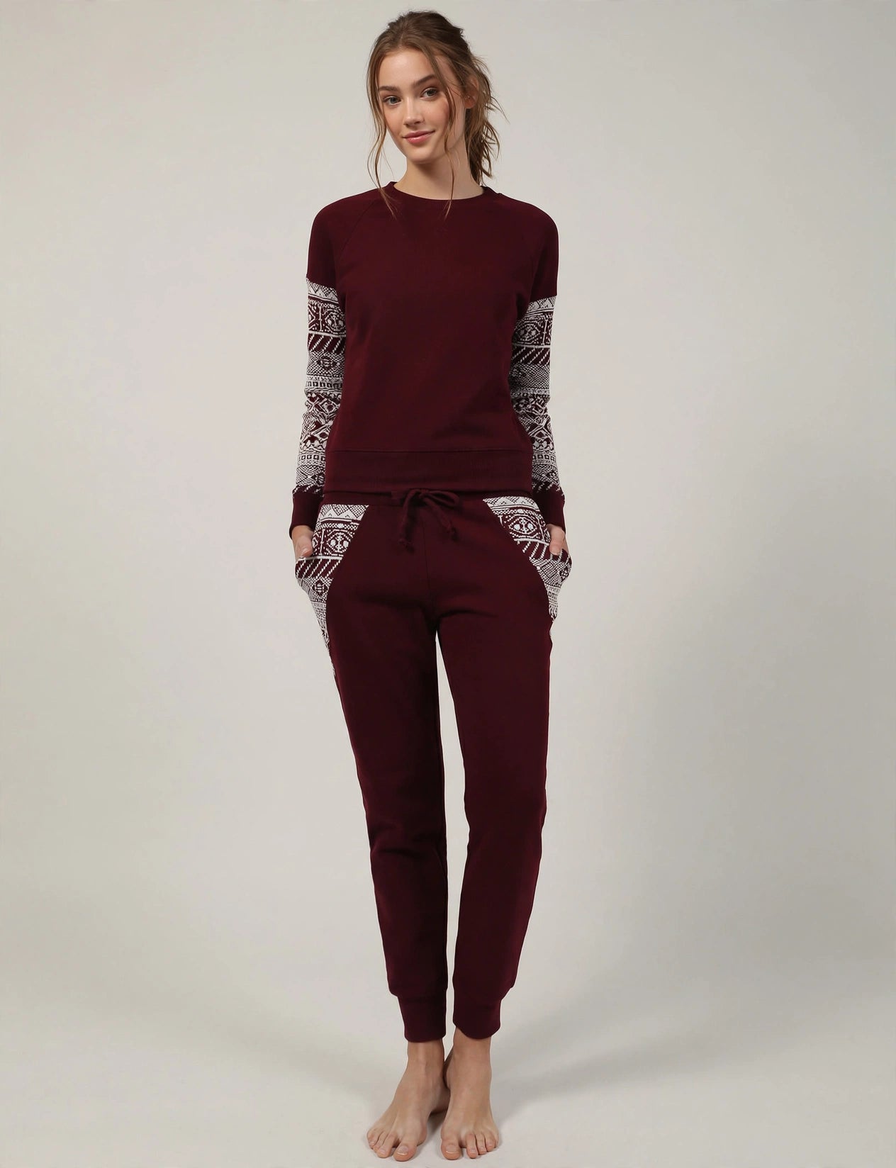 Light Weight Fleece Long Jogger Sweatpants With Knit Tribal Print