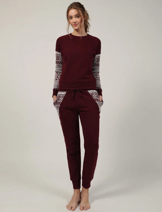 Light Weight Fleece Long Jogger Sweatpants With Knit Tribal Print