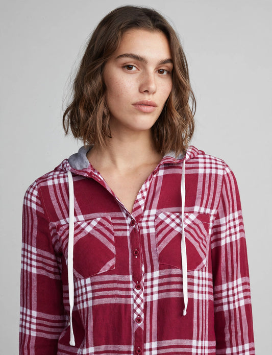 Light Weight Long Sleeve Plaid Check Button Down Shirts With Hoodie