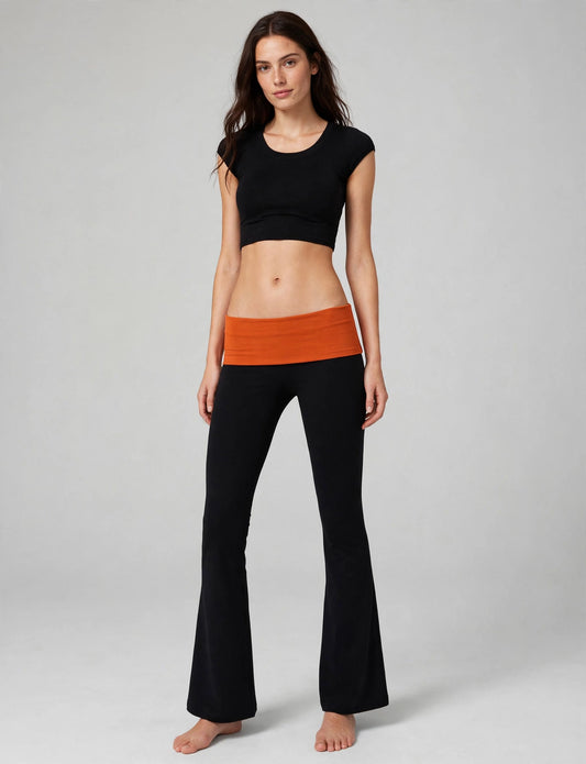 Light Weight Solid Stretch Fold Over Flare Yoga Pants