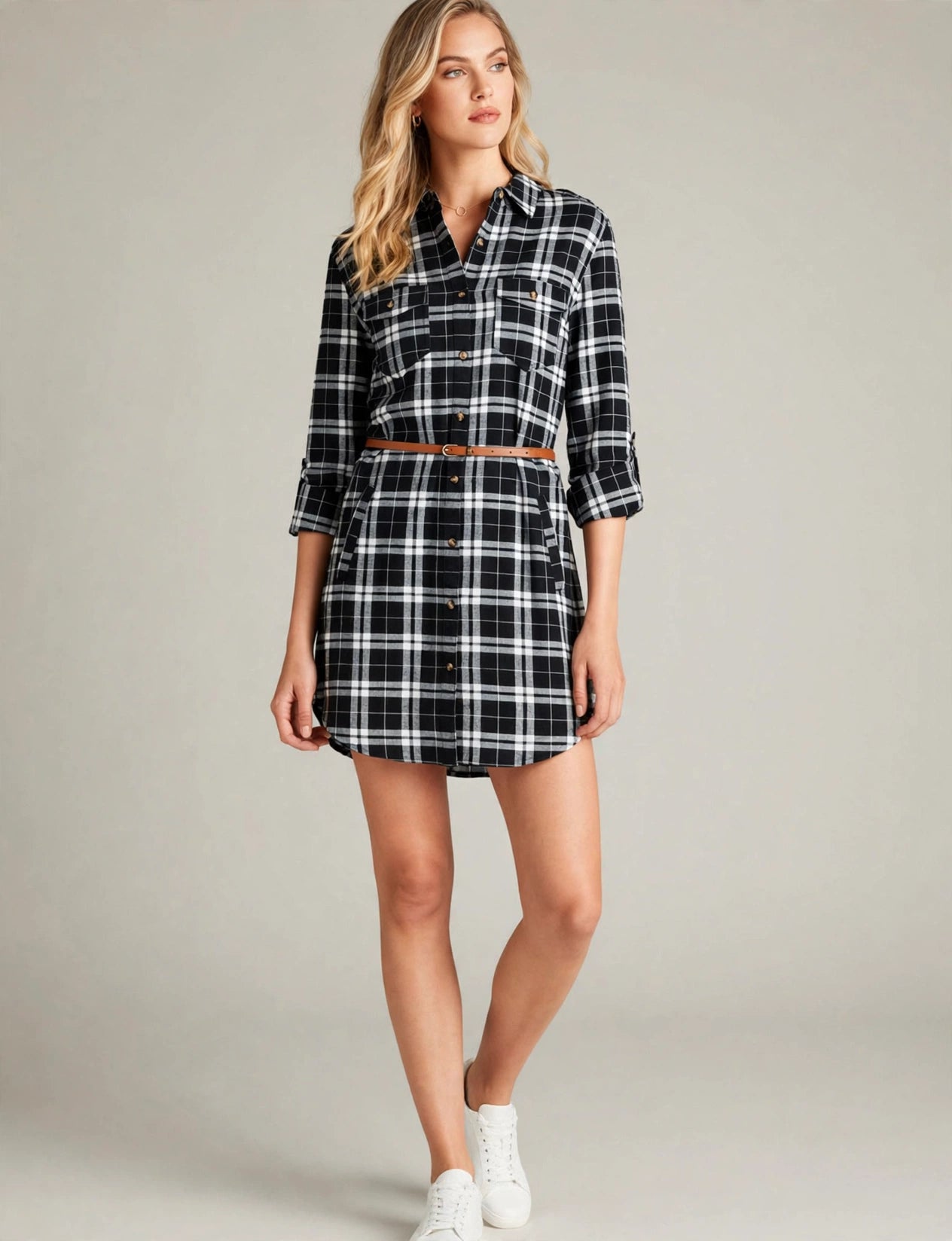 Long Sleeve Flannel Check Plaid Shirts Dress With Belt