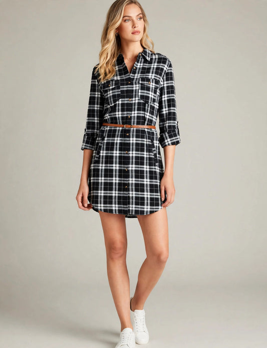 Long Sleeve Flannel Check Plaid Shirts Dress With Belt