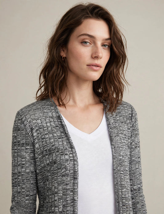 Long Sleeve Open Front Cut Tweed Cardigan Sweater