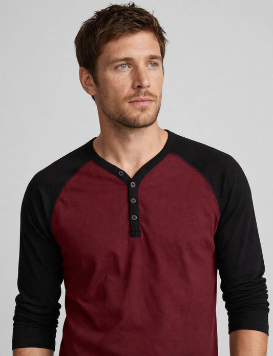 Men's Long Sleeve Raglan T-Shirts With Button Placket