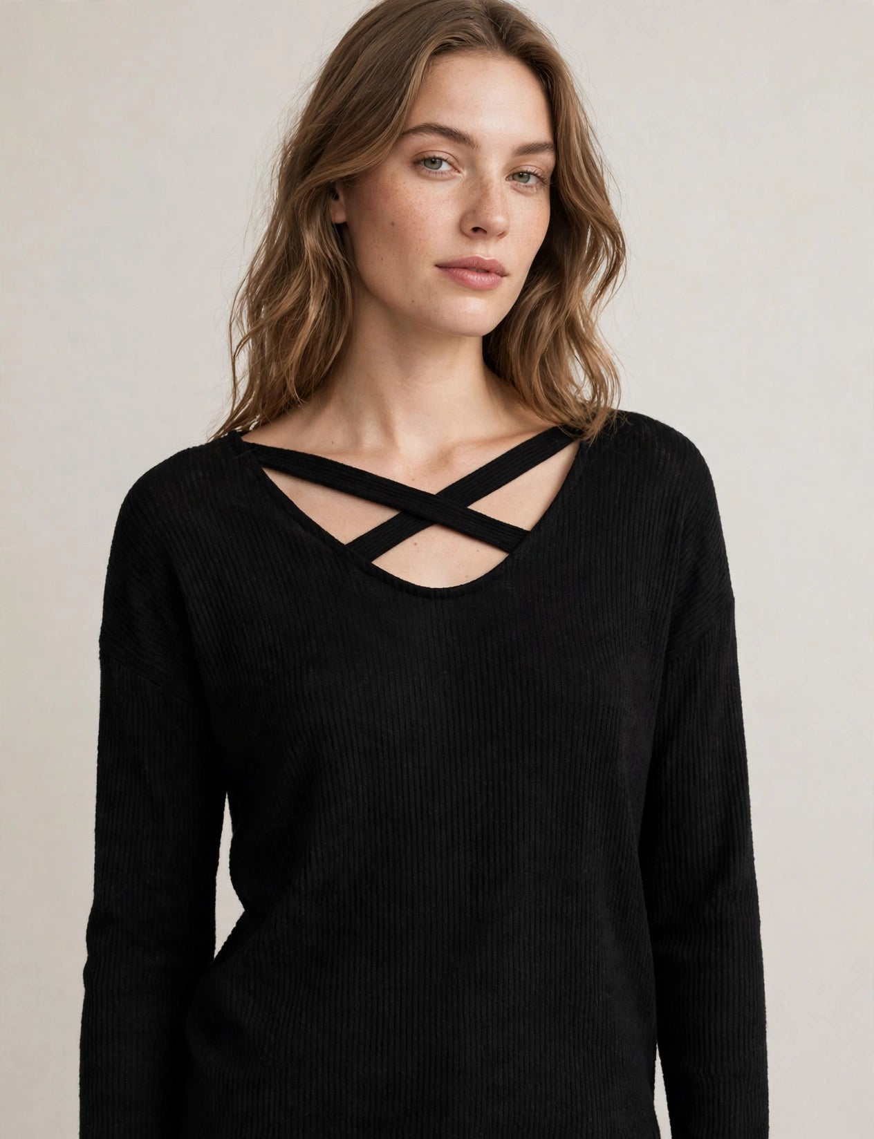 Loose Fit Round Neck Criss Cross Soft Knit Sweater Top