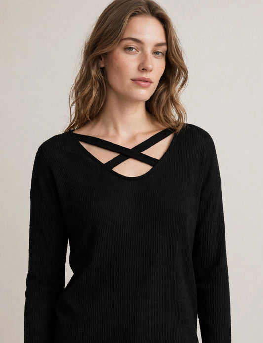 Loose Fit Round Neck Criss Cross Soft Knit Sweater Top