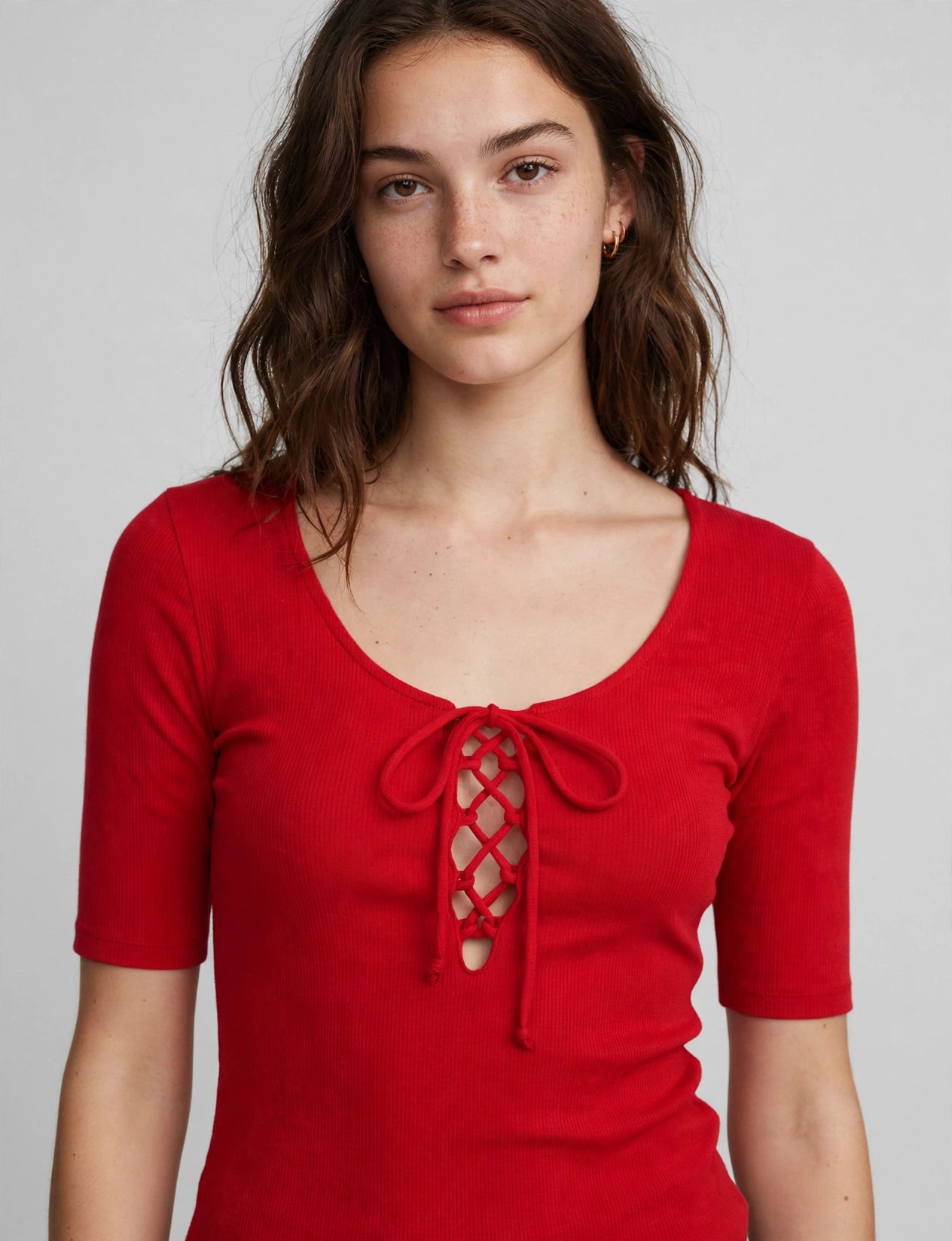 Sexy Scoop Neck Cut Out Lace Up Ribbed T-Shirts