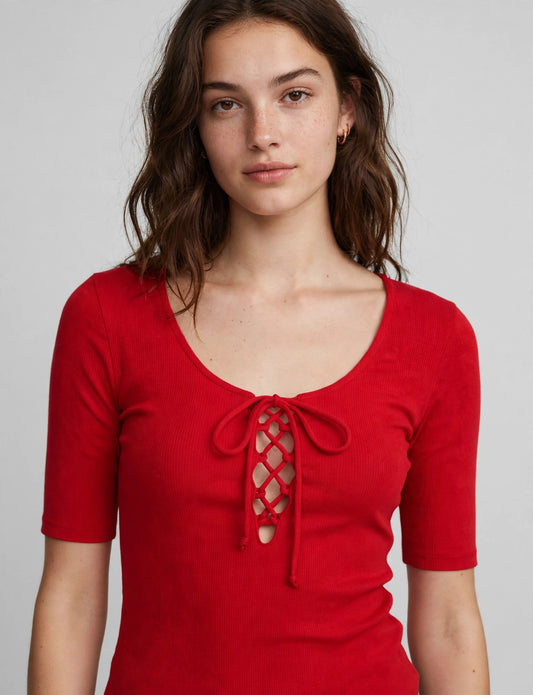 Sexy Scoop Neck Cut Out Lace Up Ribbed T-Shirts