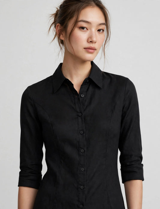 Shirring 3/4 Sleeve Linen Button Down Stretch Shirts