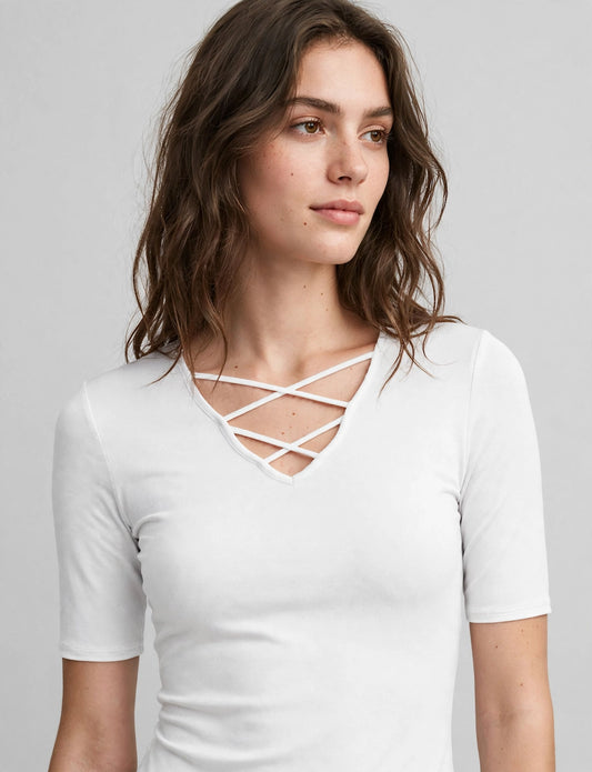Short Sleeve Cross Strap With Choker Neck Spandex Top