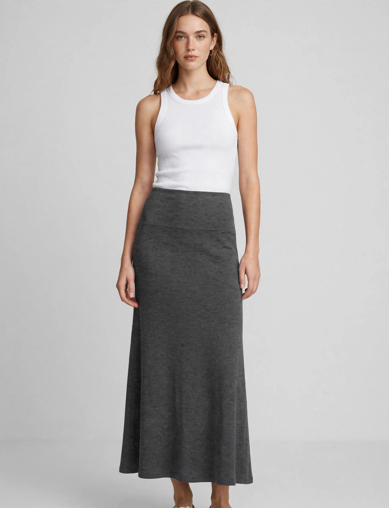 Solid Light Weight Mid Length Flared Maxi Skirt