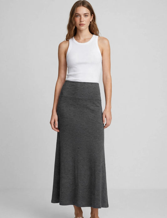 Solid Light Weight Mid Length Flared Maxi Skirt