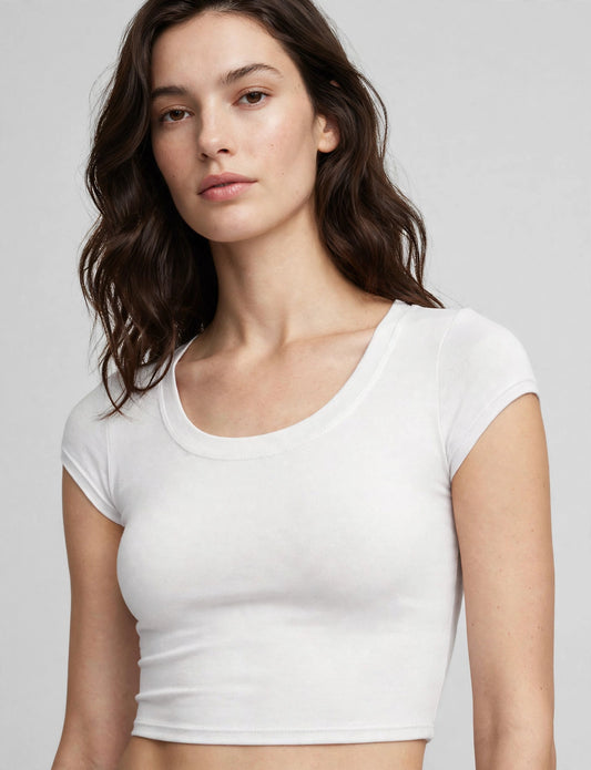 Solid Short Sleeve Scoop Neck Crop Top