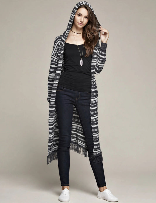 Striped Hoodie Light Weight Long Cardigan