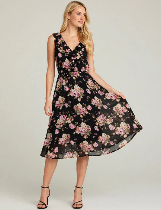 V-Neck Sleeveless Ruffle Polka Dot/Floral Printed Flare Mini Dress