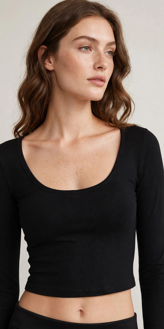 Wide Neck Long Sleeve Soft Stretch Crop Top