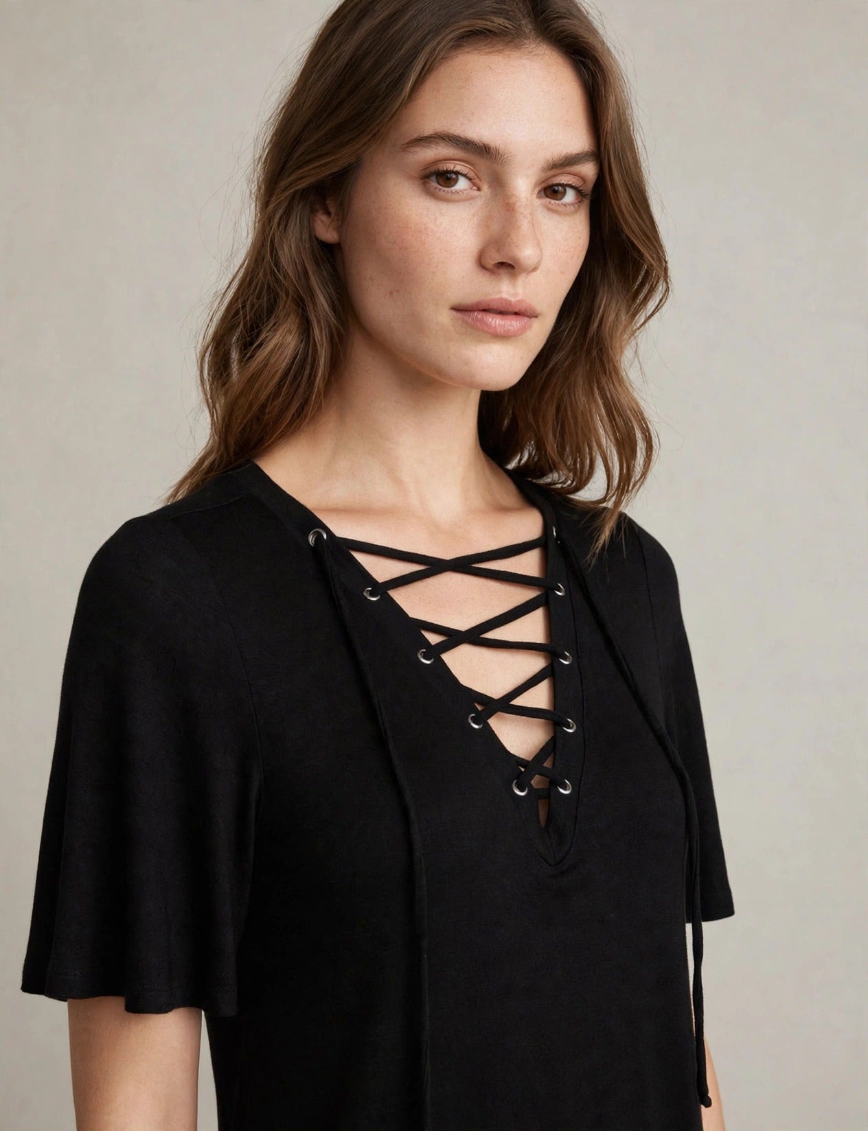 Sexy Plunge Deep V-Neck Lace Up Short Sleeve Top
