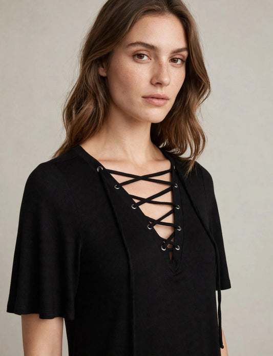 Sexy Plunge Deep V-Neck Lace Up Short Sleeve Top