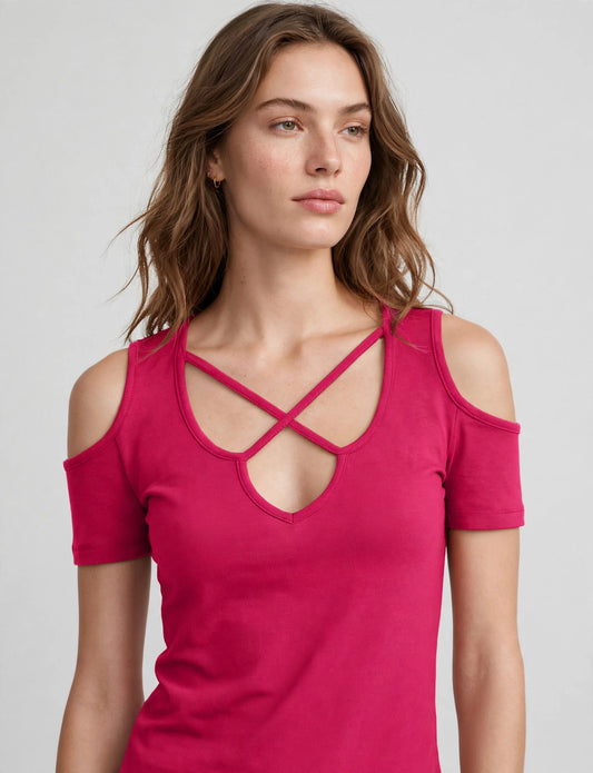 Basic Cross Front Deep V-Neck Line Short Sleeve T-Shirts