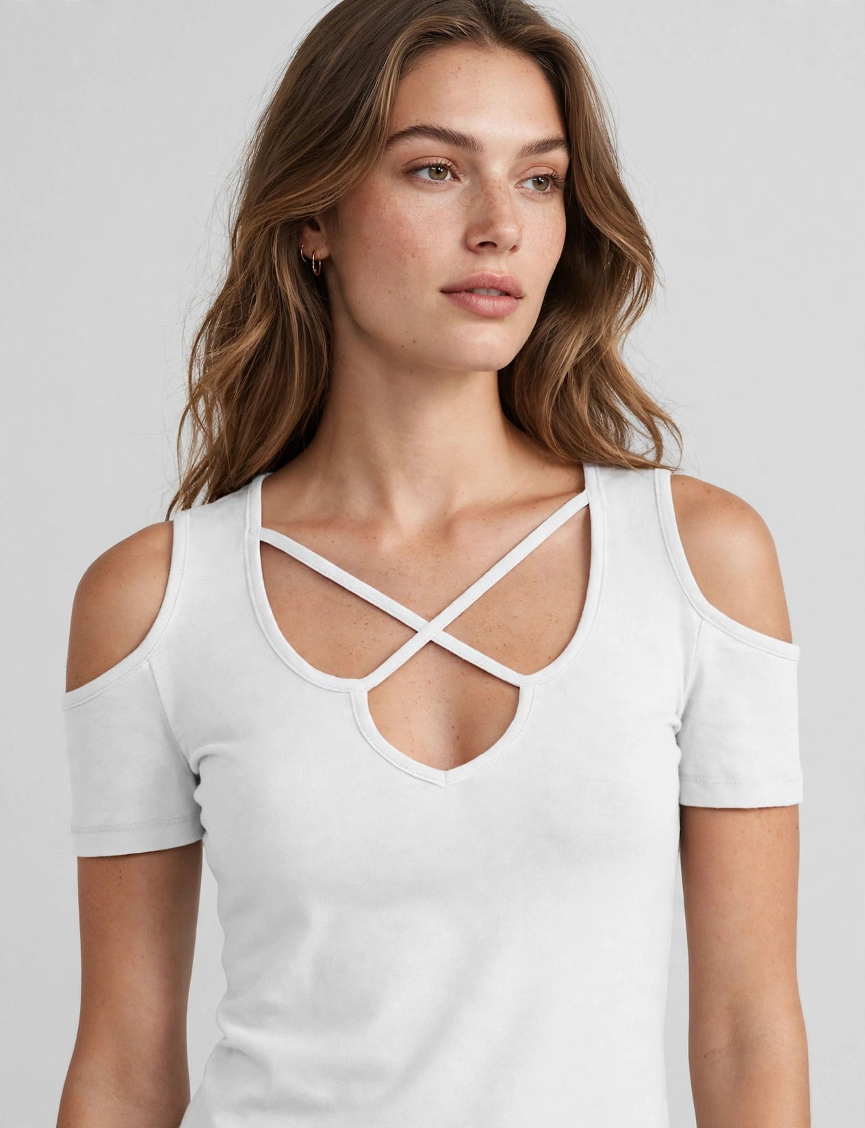 Basic Cross Front Deep V-Neck Line Short Sleeve T-Shirts