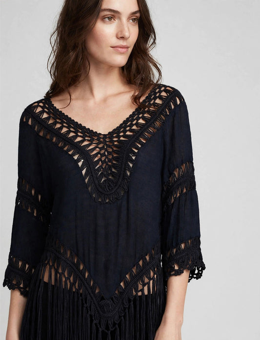 Light Weight Basic V-Neck 3/4 Sleeve Fringe Crochet Frayed Tunic Top