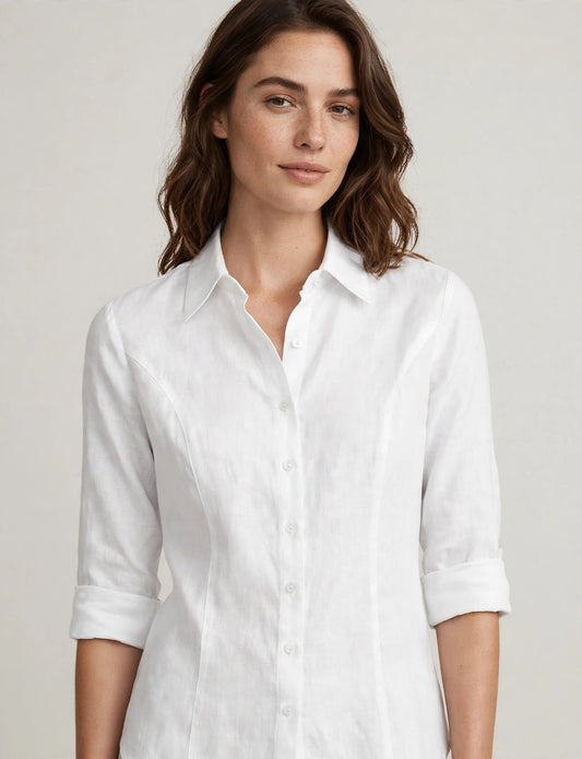 Shirring 3/4 Sleeve Linen Button Down Stretch Shirts