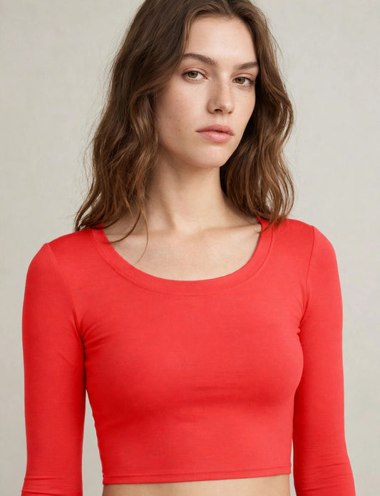 Solid Long Sleeve Scoop Neck Crop Top