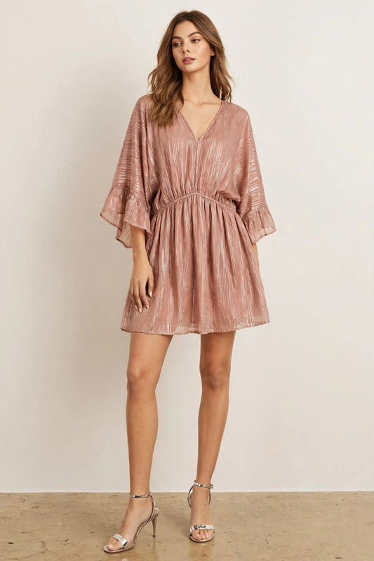 V Neck Mini Metallic Dress Ruffle Sleeve