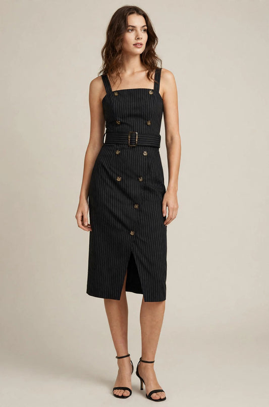Pinstripe Button-Front Midi Dress