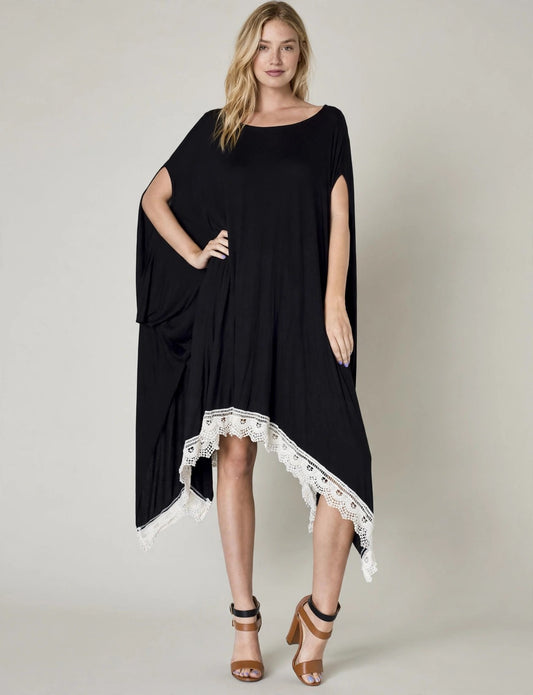 Wide Round Neck Poncho Kaftan Maxi Handkerchief Hem Dress