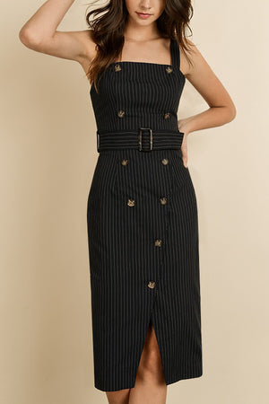 PINSTRIPE BUTTON-FRONT MIDI DRESS