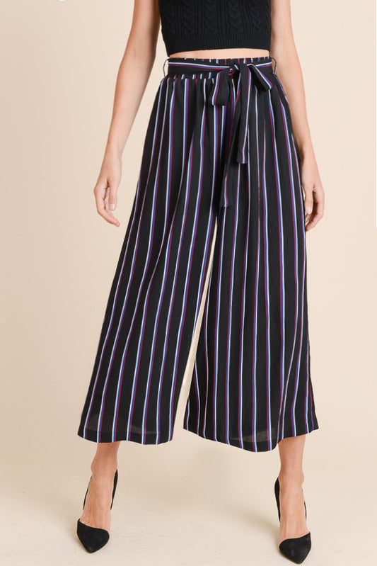 Stripe Wide Leg Paperbag Self-Tie Pants