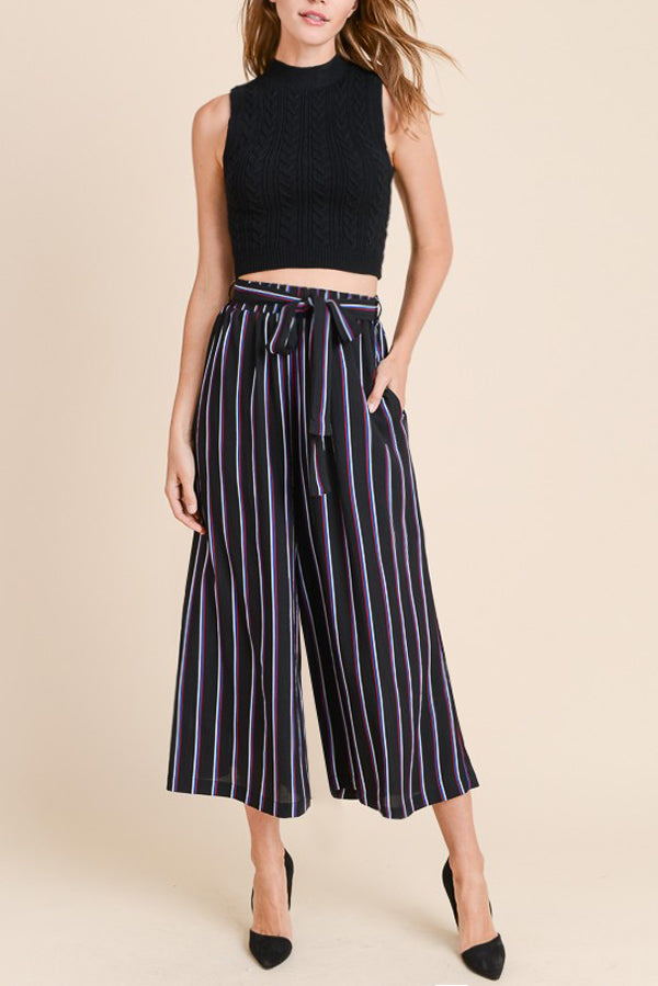 Stripe Wide Leg Paperbag Self-Tie Pants