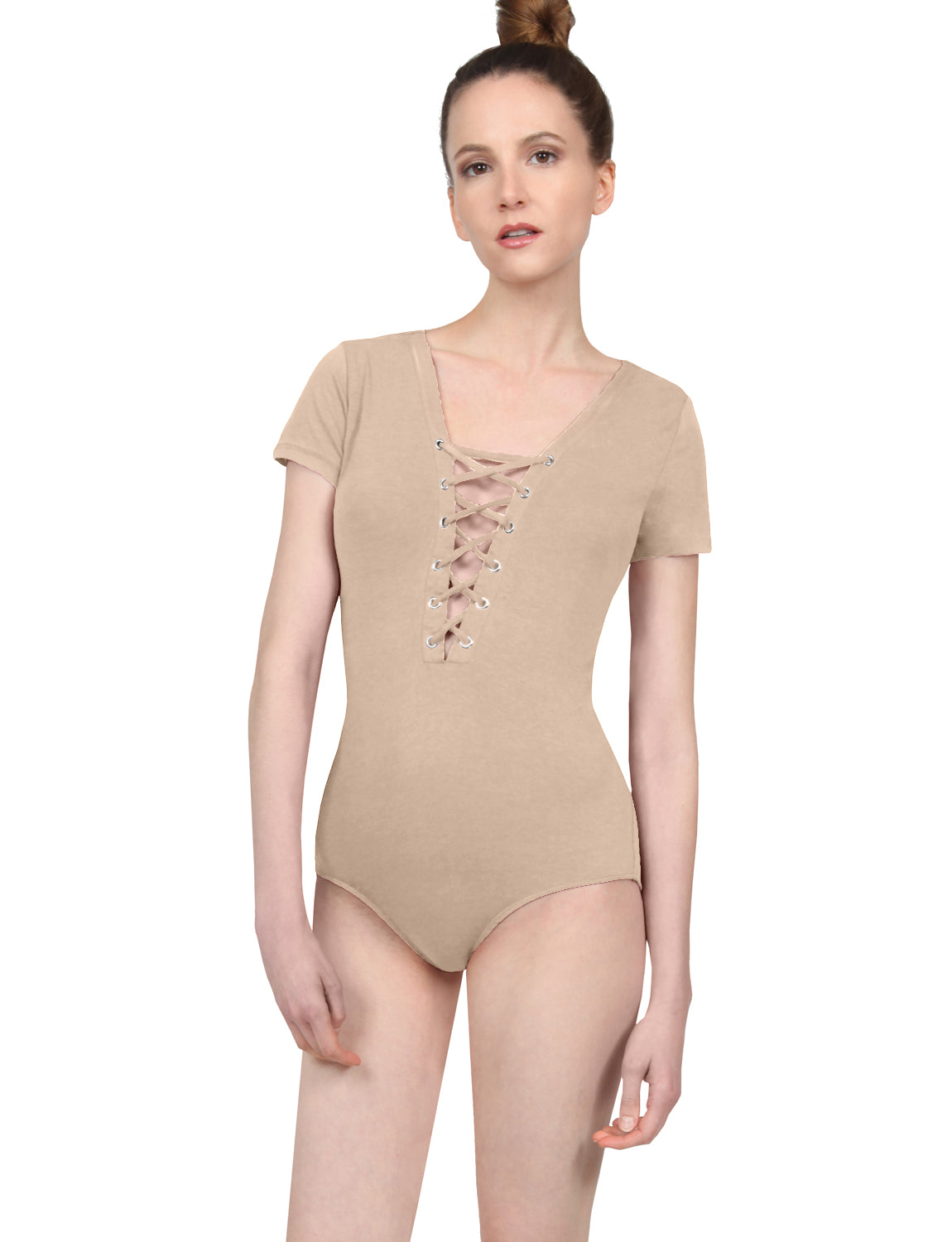 SEXY FITTED STRETCHY SHORT SLEEVE LACE UP STRAP SNAP BUTTON BODYSUIT