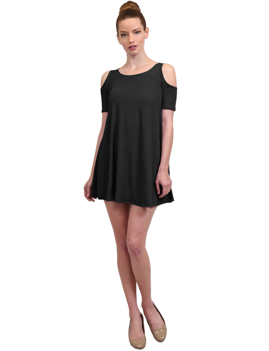 CASUAL SOLID OFF SHOULDER SHORT SLEEVE FLOWY SHIFT DRESS NEWDR115
