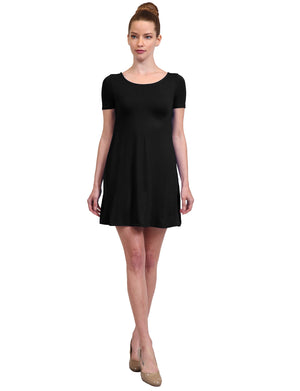 SOLID PLAIN SIMPLE U-NECK SHORT SLEEVE A-LINE FLOWY SHORT DRESS NEWDR119 
