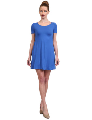 SOLID PLAIN SIMPLE U-NECK SHORT SLEEVE A-LINE FLOWY SHORT DRESS NEWDR119 