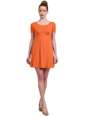 SOLID PLAIN SIMPLE U-NECK SHORT SLEEVE A-LINE FLOWY SHORT DRESS NEWDR119 