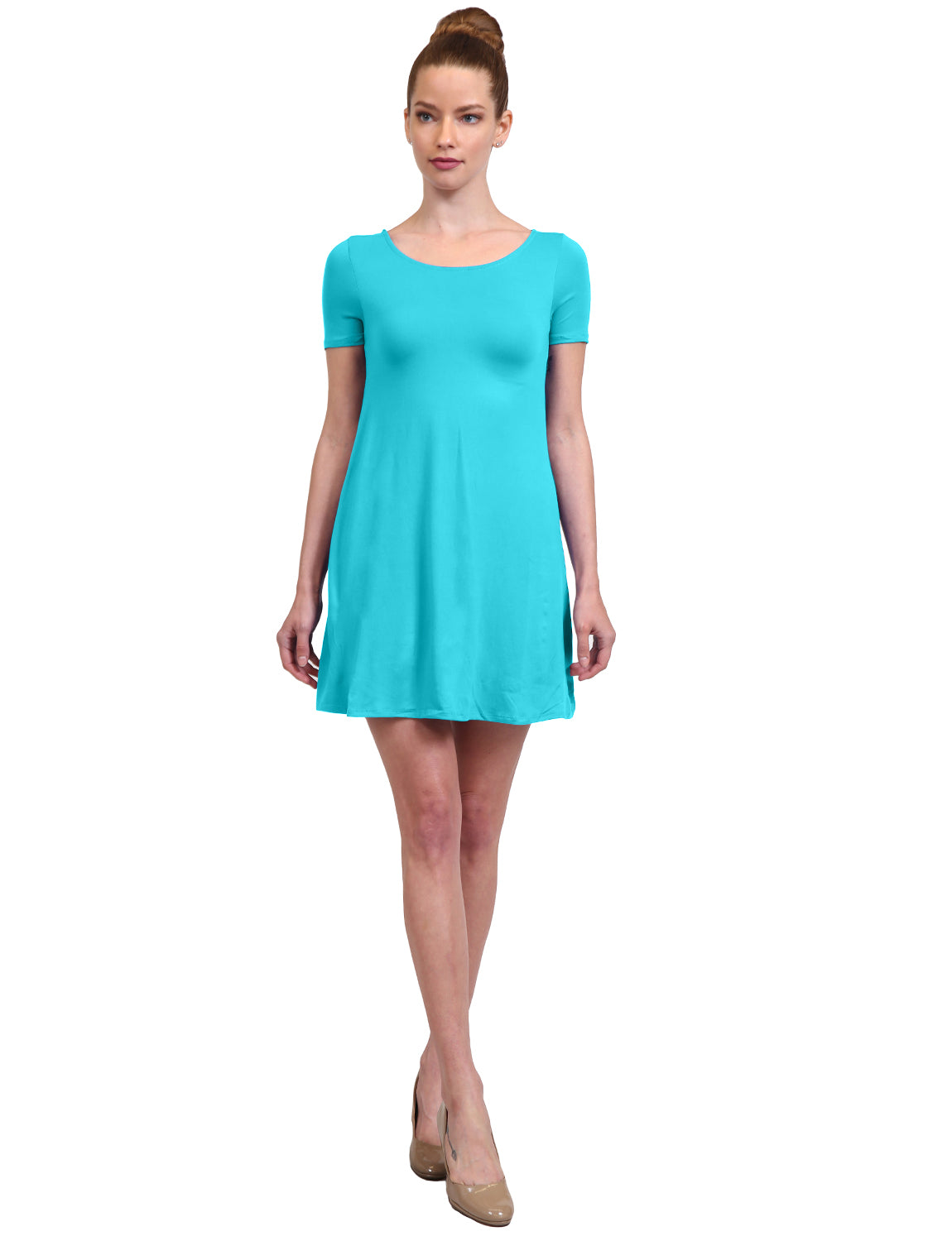 SOLID PLAIN SIMPLE U-NECK SHORT SLEEVE A-LINE FLOWY SHORT DRESS