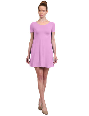 SOLID PLAIN SIMPLE U-NECK SHORT SLEEVE A-LINE FLOWY SHORT DRESS NEWDR119 