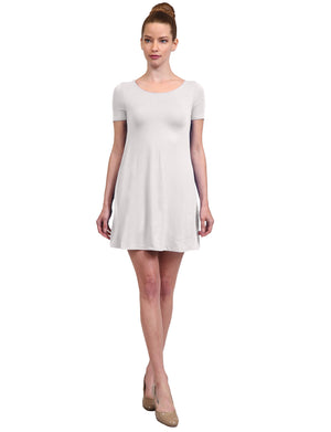 SOLID PLAIN SIMPLE U-NECK SHORT SLEEVE A-LINE FLOWY SHORT DRESS NEWDR119 